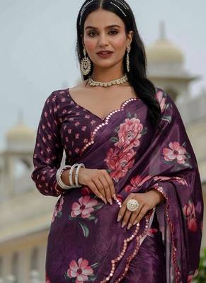 Purple colour ready to wear floral chinon saree with mirror border 2
