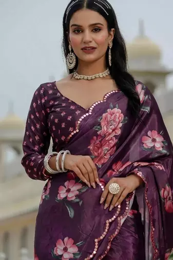 Purple colour ready to wear floral chinon saree with mirror border