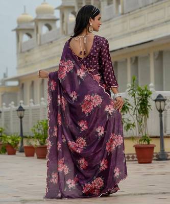 Purple colour ready to wear floral chinon saree with mirror border 3