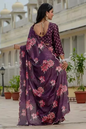 Purple colour ready to wear floral chinon saree with mirror border
