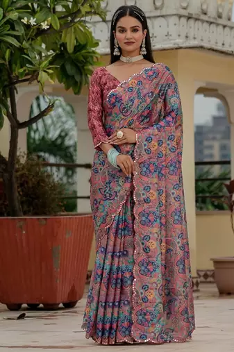 Pink colour ready to wear floral chinon saree with mirror border