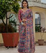 Pink colour ready to wear floral chinon saree with mirror border