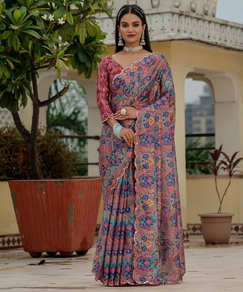 Pink colour ready to wear floral chinon saree with mirror border