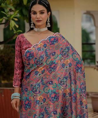 Pink colour ready to wear floral chinon saree with mirror border 2
