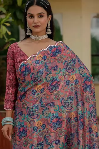 Pink colour ready to wear floral chinon saree with mirror border