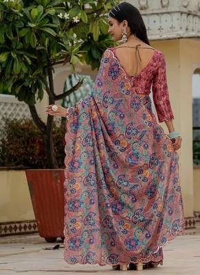 Pink colour ready to wear floral chinon saree with mirror border 3
