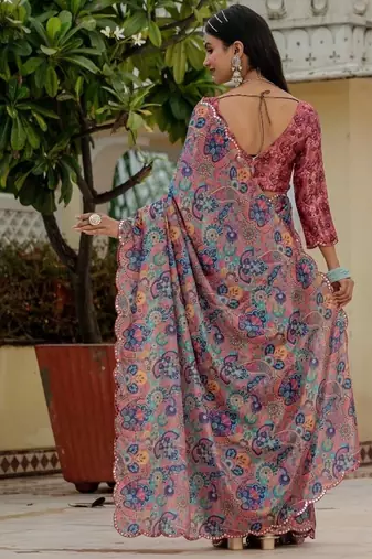 Pink colour ready to wear floral chinon saree with mirror border