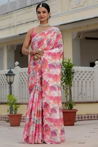 Pink colour ready to wear floral chinon saree with mirror border
