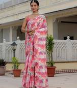 Pink colour ready to wear floral chinon saree with mirror border