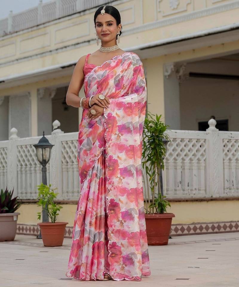 Pink colour ready to wear floral chinon saree with mirror border