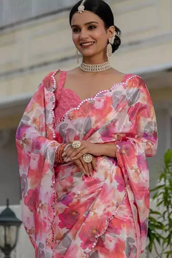Pink colour ready to wear floral chinon saree with mirror border