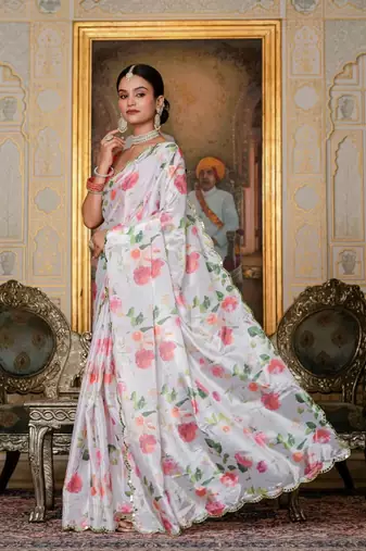 White colour ready to wear floral chinon saree with mirror border