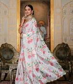 White colour ready to wear floral chinon saree with mirror border
