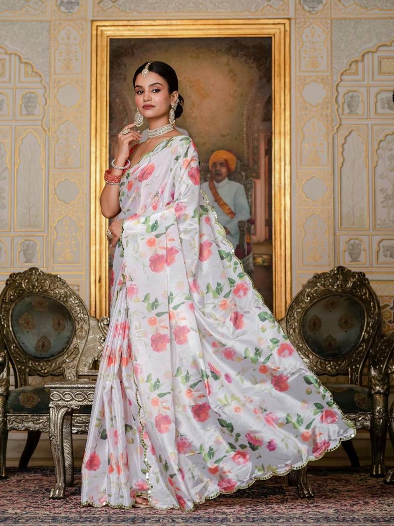 White colour ready to wear floral chinon saree with mirror border