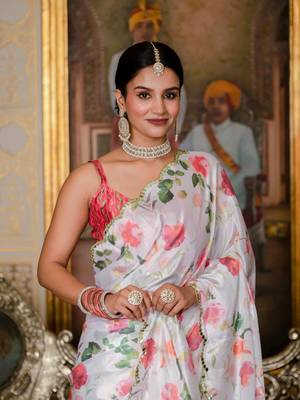 White colour ready to wear floral chinon saree with mirror border 2
