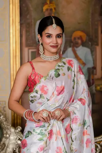 White colour ready to wear floral chinon saree with mirror border