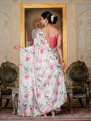 White colour ready to wear floral chinon saree with mirror border 3