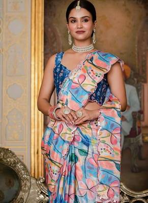 Multicolor ready to wear floral chinon saree with mirror border 2
