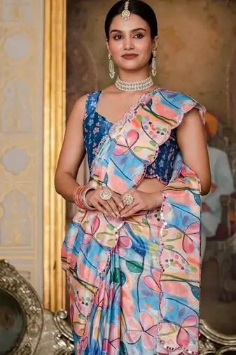 Multicolor ready to wear floral chinon saree with mirror border