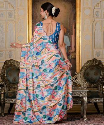 Multicolor ready to wear floral chinon saree with mirror border 3