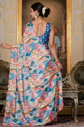 Multicolor ready to wear floral chinon saree with mirror border