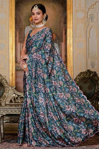 Teal coloue ready to wear floral chinon saree with mirror border