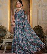Teal coloue ready to wear floral chinon saree with mirror border