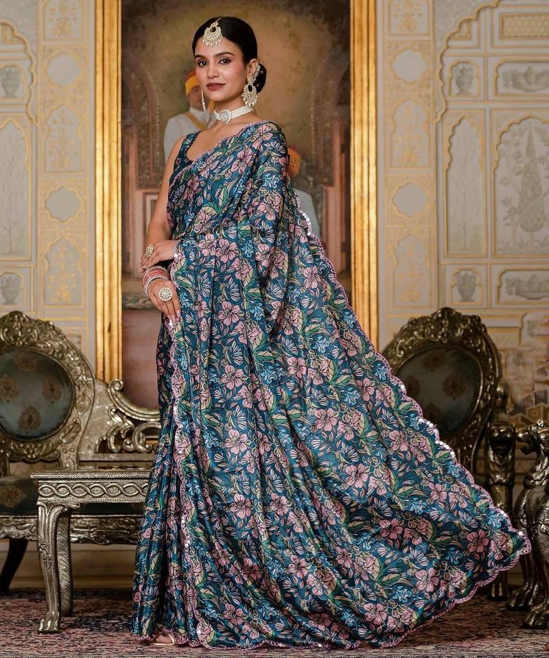 Teal coloue ready to wear floral chinon saree with mirror border