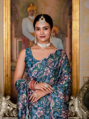 Teal coloue ready to wear floral chinon saree with mirror border 2