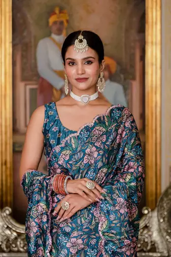 Teal coloue ready to wear floral chinon saree with mirror border