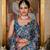 Teal coloue ready to wear floral chinon saree with mirror border