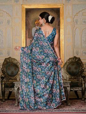 Teal coloue ready to wear floral chinon saree with mirror border 3