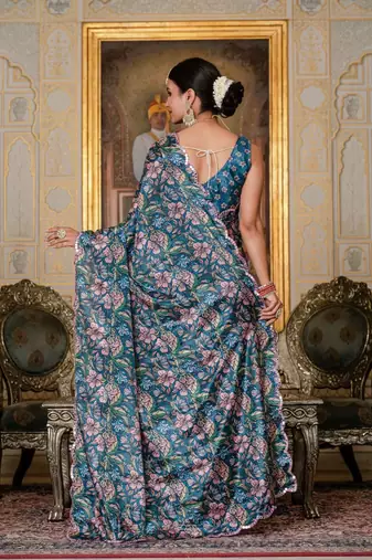 Teal coloue ready to wear floral chinon saree with mirror border
