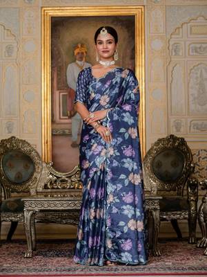 Navy blue colour ready to wear floral chinon saree with mirror border 1