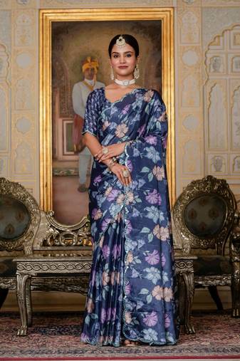 Navy blue colour ready to wear floral chinon saree with mirror border