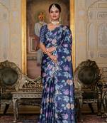 Navy blue colour ready to wear floral chinon saree with mirror border