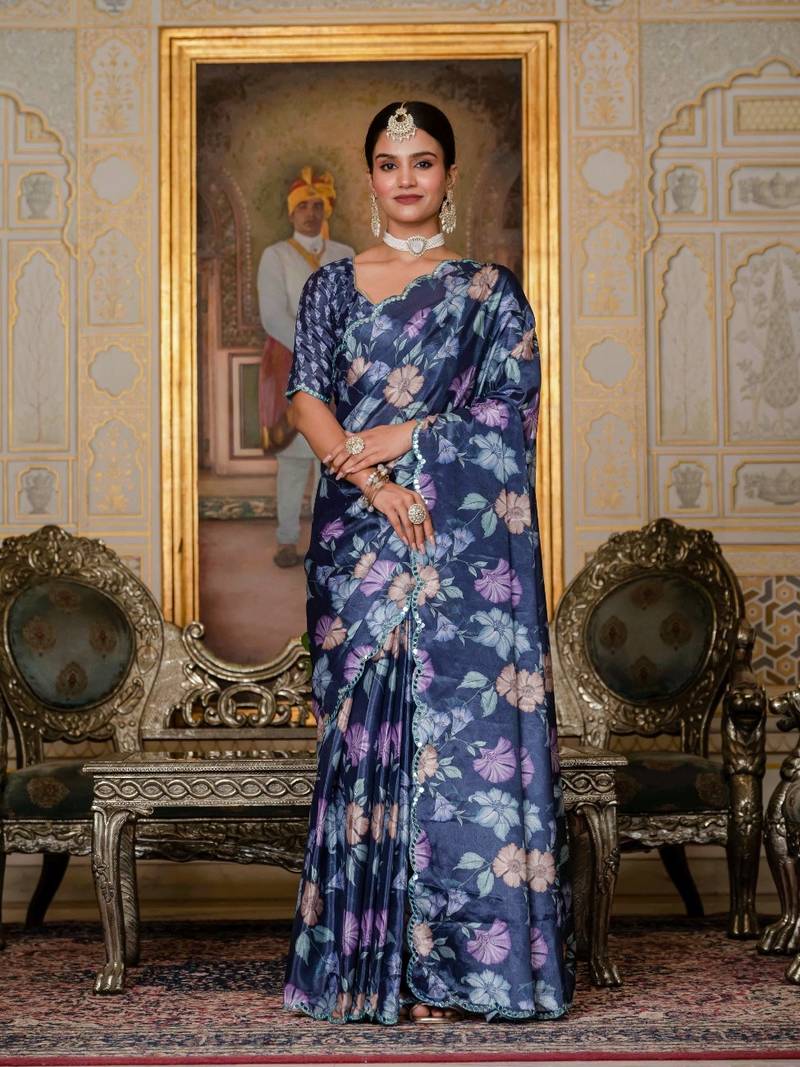 Navy blue colour ready to wear floral chinon saree with mirror border