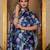 Navy blue colour ready to wear floral chinon saree with mirror border