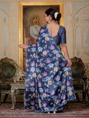 Navy blue colour ready to wear floral chinon saree with mirror border 3