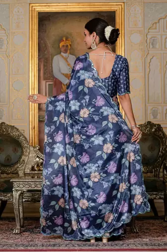 Navy blue colour ready to wear floral chinon saree with mirror border