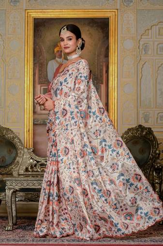 Peach colour ready to wear floral chinon saree with mirror border
