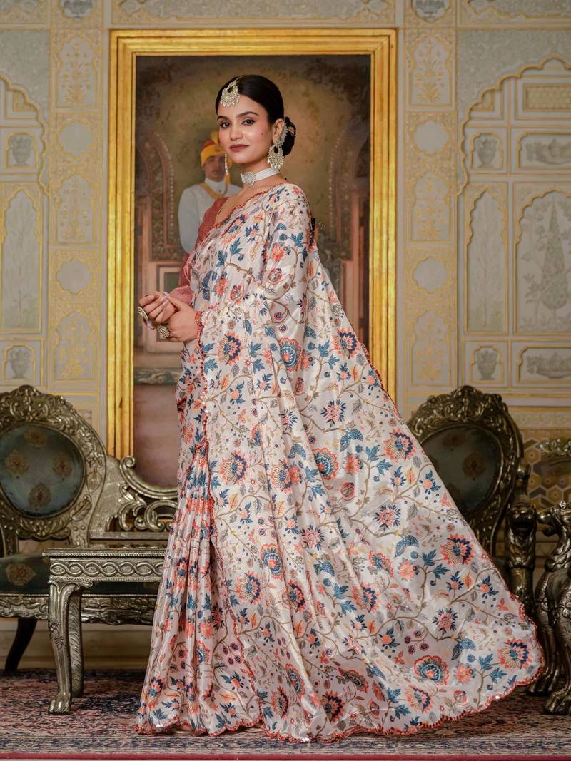 Peach colour ready to wear floral chinon saree with mirror border