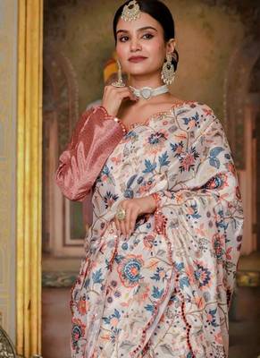 Peach colour ready to wear floral chinon saree with mirror border 2