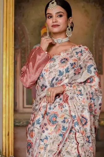 Peach colour ready to wear floral chinon saree with mirror border