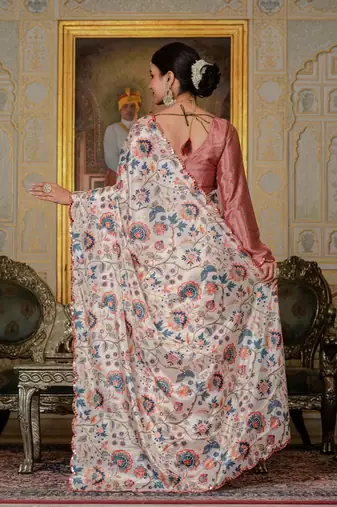 Peach colour ready to wear floral chinon saree with mirror border