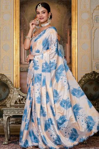 Sky blue colour ready to wear floral chinon saree with mirror border
