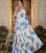 Sky blue colour ready to wear floral chinon saree with mirror border