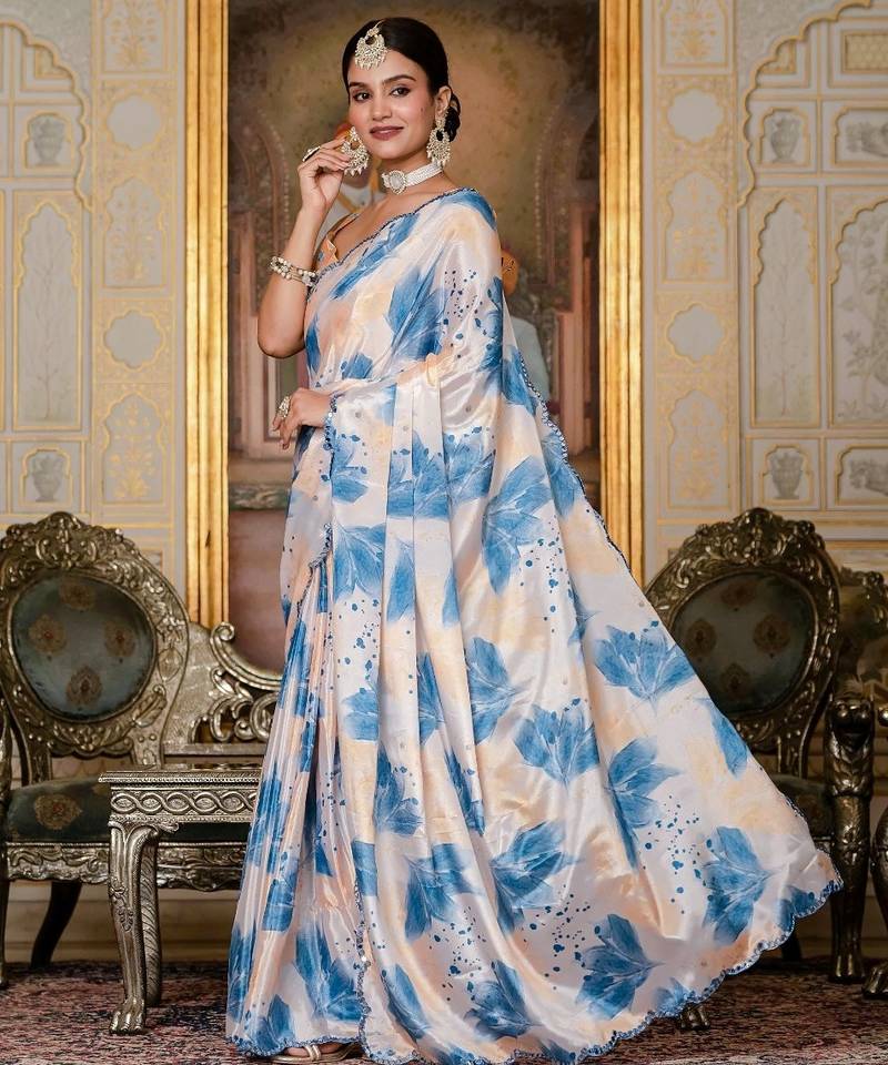 Sky blue colour ready to wear floral chinon saree with mirror border