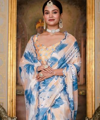 Sky blue colour ready to wear floral chinon saree with mirror border 2