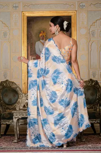 Sky blue colour ready to wear floral chinon saree with mirror border